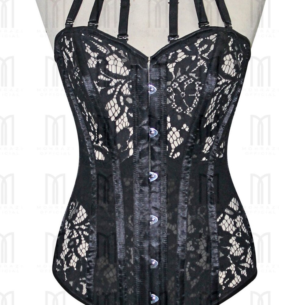 Fullbust Sheer Eyelash Lace Corset with Satin Boning & Collar